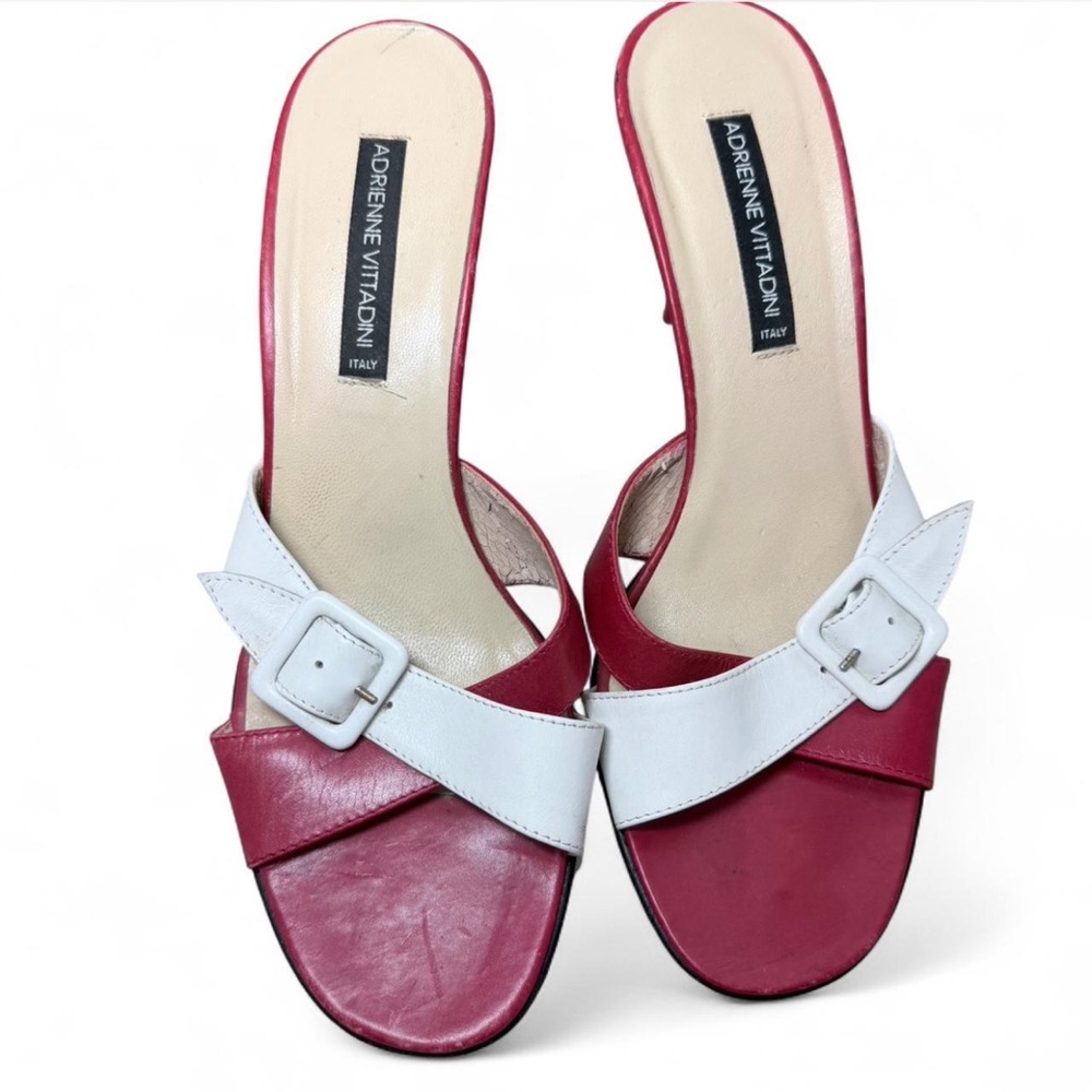 Adrienne Vittadini Red and White Leather Slip-On Mules